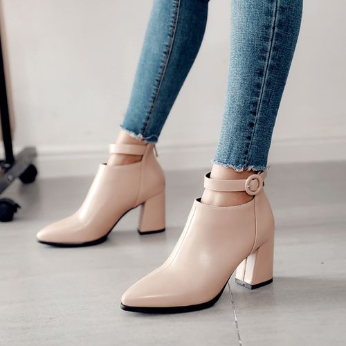 Women Pointed Toe Buckle High Heels Short Boots