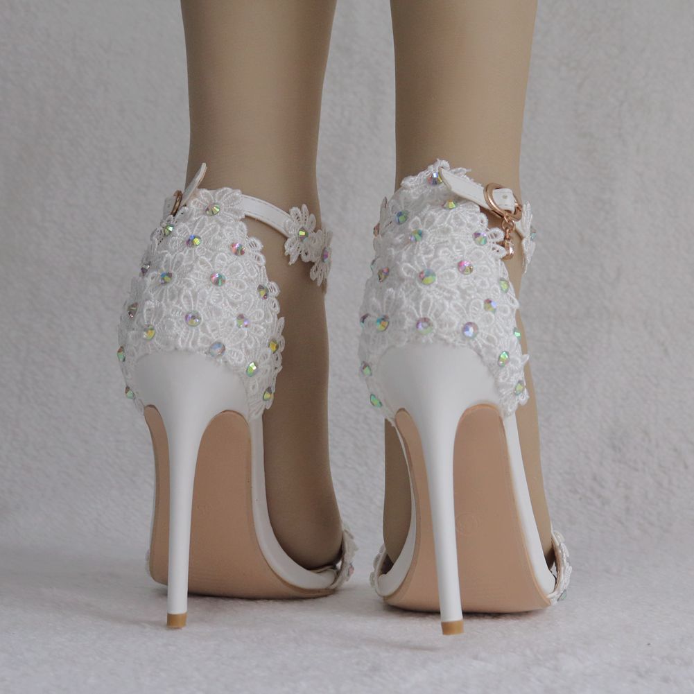 Women Pointed Toe Lace Bridal Wedding Stiletto Heel Sandals