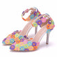 Women Ankle Strap Pointed Toe Colorful Lace Stiletto Heel Sandals