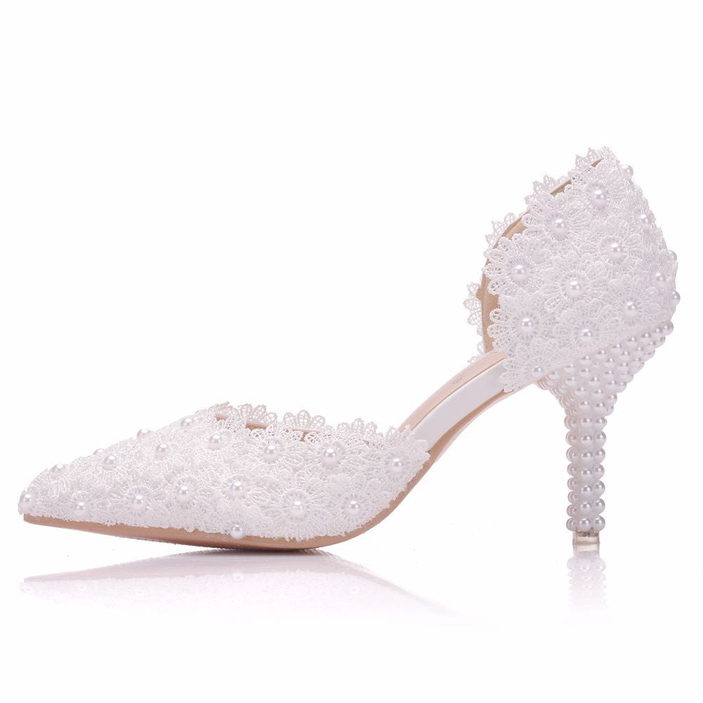 Women Lace Pearl Wedding Pointed Toe Stiletto Heel Sandals
