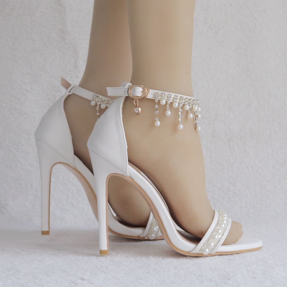Women Pearls Open Toe Rhinestone Tassel Ankle Strap Bridal Wedding Stiletto Heel Sandals