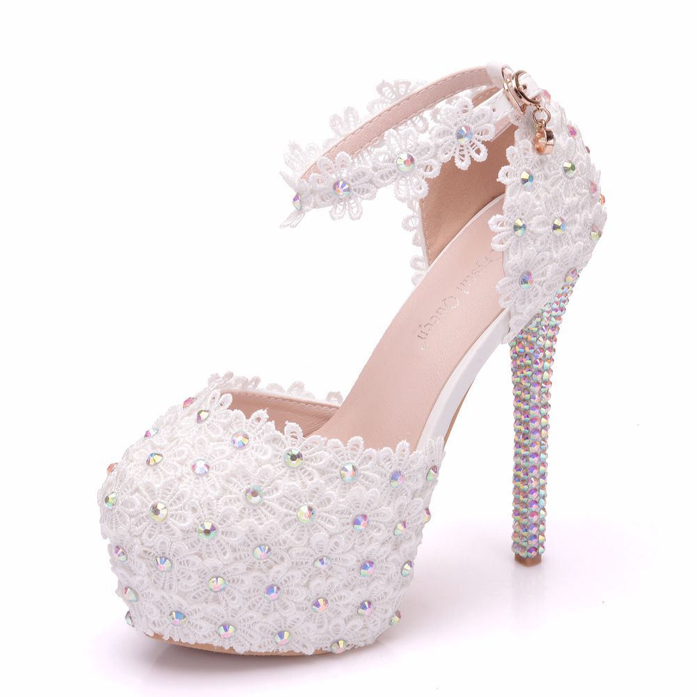 Women Rhinestone Stiletto Heel Lace Almond Toe Ankle Strap Bridal Wedding Platform Sandals