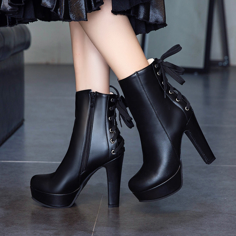 Lace Up High Heel Platform Short Boots for Woman 7149 – Shoeu