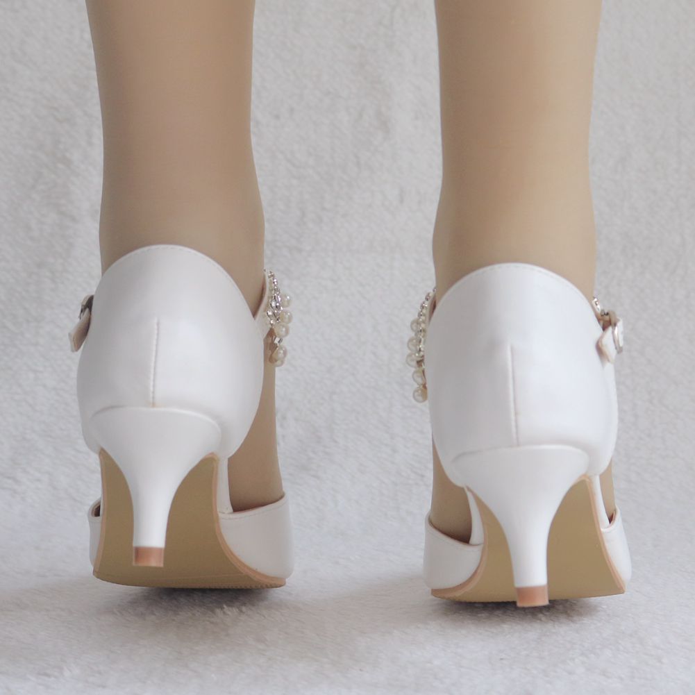 Women Pointed Toe Beads Mary Janes Middle Heel Wedding Sandals