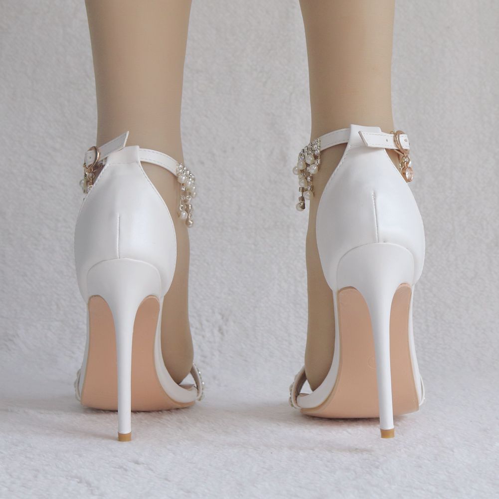 Women Pearls Open Toe Rhinestone Tassel Ankle Strap Bridal Wedding Stiletto Heel Sandals