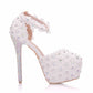 Women Rhinestone Stiletto Heel Lace Almond Toe Ankle Strap Bridal Wedding Platform Sandals