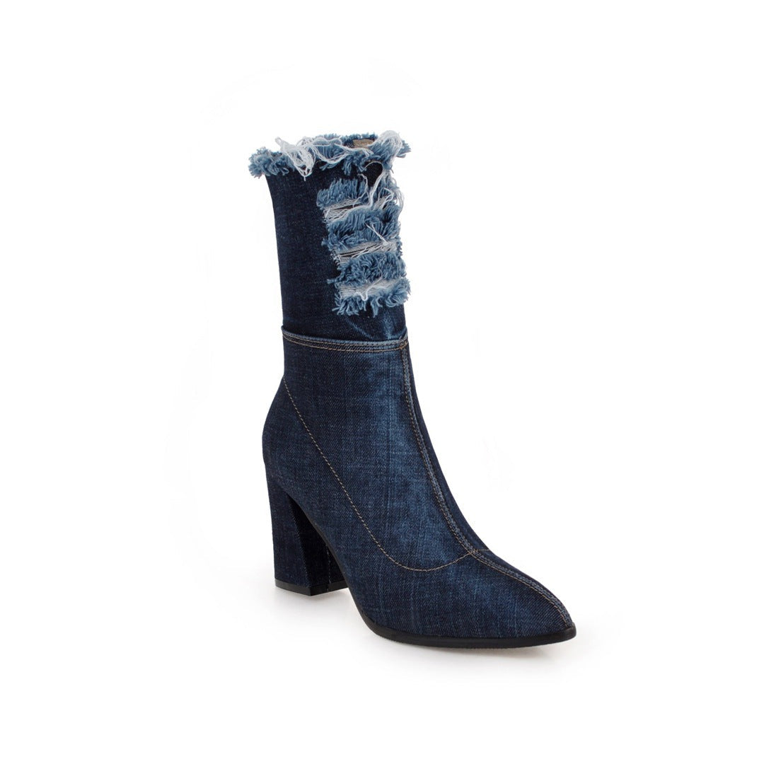 Pointed Toe Denim Mid Calf Boots Winter Shoes for Woman 8339