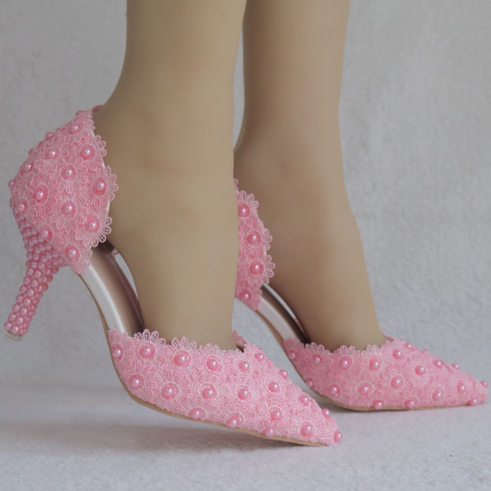 Women Lace Pearl Wedding Pointed Toe Stiletto Heel Sandals