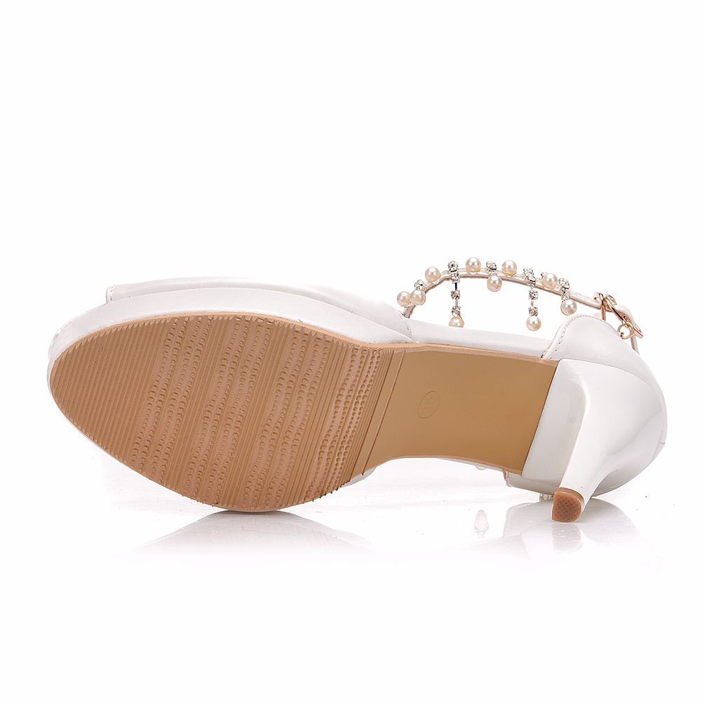 Women Peep Toe Pearls Rhinestone Ankle Strap Bridal Wedding Stiletto Heel Platform Sandals