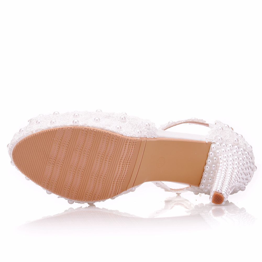 Women Pearls Stiletto Heel Peep Toe Platform Bridal Wedding Platform Sandals
