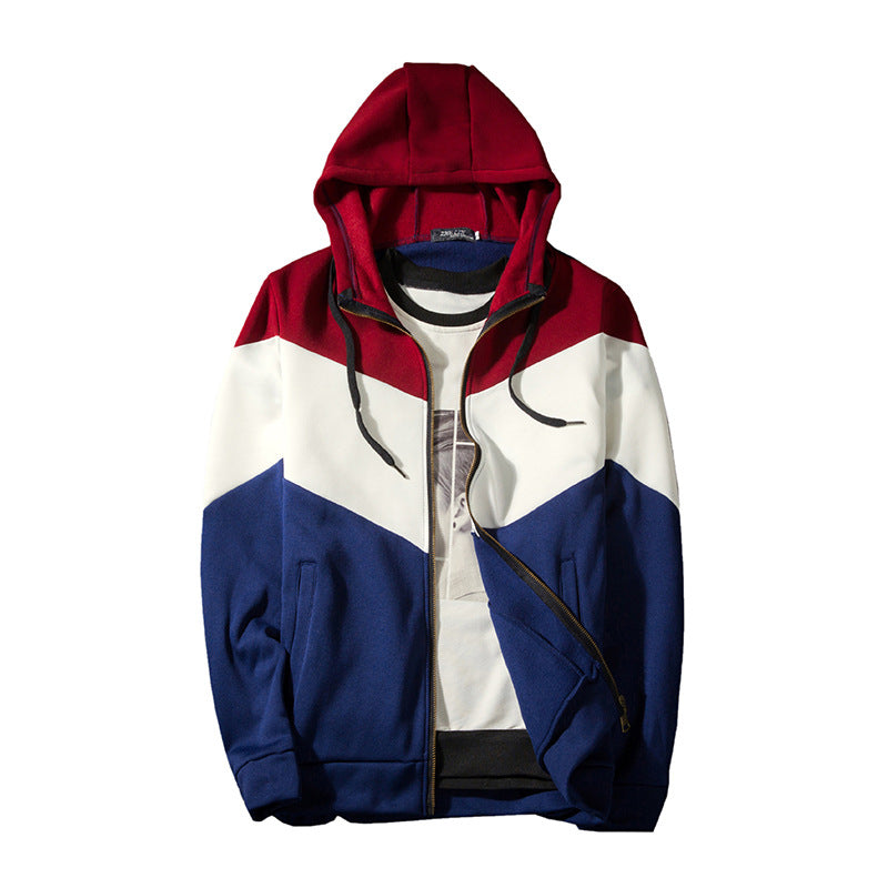 Men's Zipper Hooded Tricolor Stitched Coat Sweaters