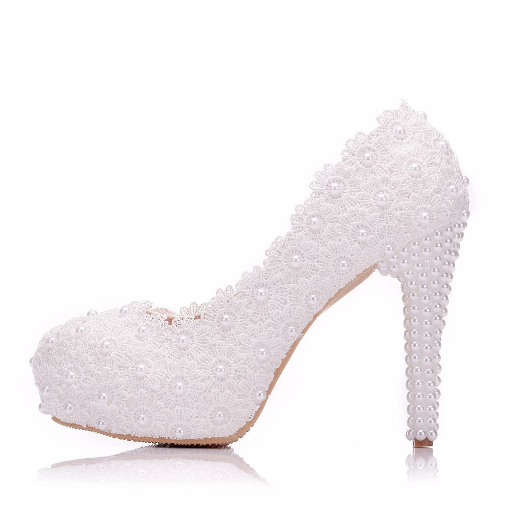 Women Round Toe Lace Pearls Platform Pumps Stiletto Heel Bridal Wedding Shoes