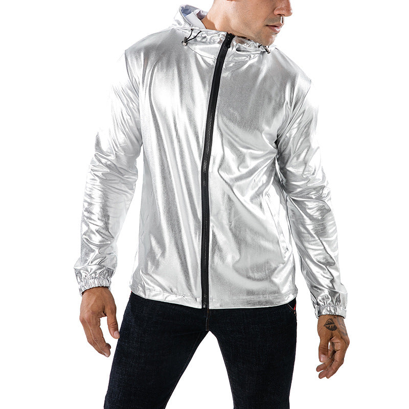 Men's Solid Color Bronzing Fabric Sports Hooded Jackets