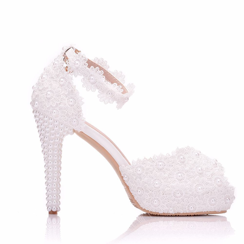 Women Pearls Stiletto Heel Peep Toe Platform Bridal Wedding Platform Sandals