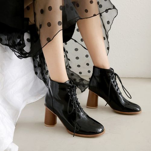 Women Lace Up Patent Leather High Heels Short Boots