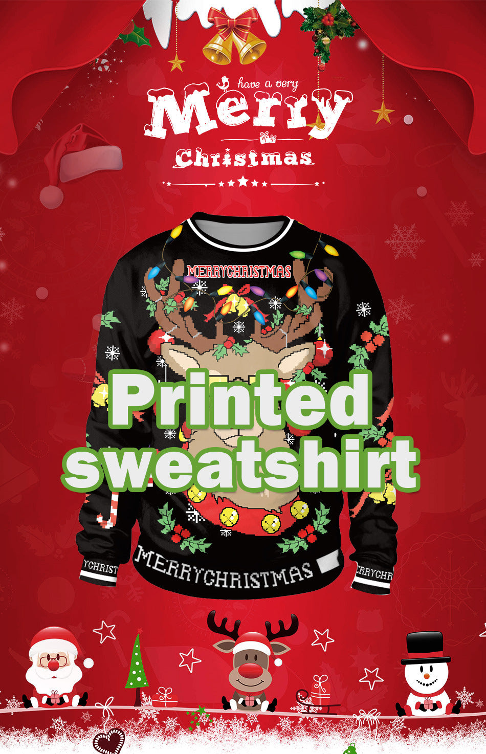 Couple Christmas Reindeer Print Pullover Round Neck Sweatshirt