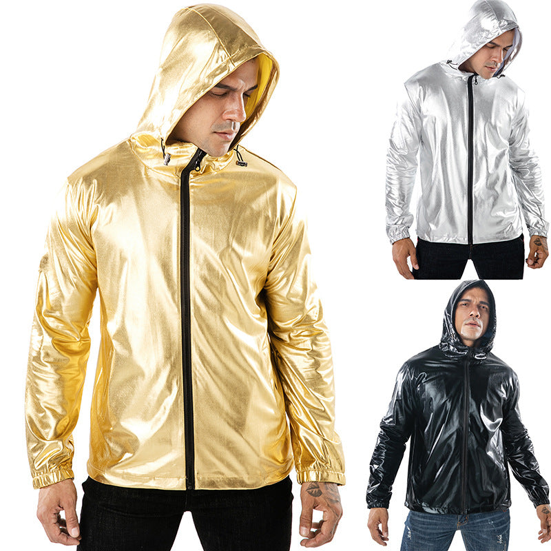 Men's Solid Color Bronzing Fabric Sports Hooded Jackets