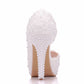 Women Pearls Lace Stiletto Heel Peep Toe Bridal Wedding D'Orsay Platform Sandals