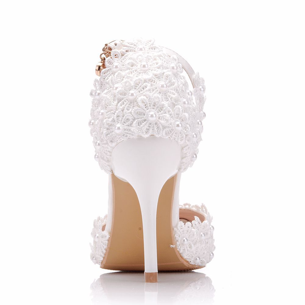 Women Lace Flora Ankle Strap Stiletto Heel Pointed Toe Bridal Wedding Shoes Sandals