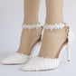 Women Lace Pearls Flora Ankle Strap Bridal Wedding Shoes Stiletto Heel Pointed Toe Sandals