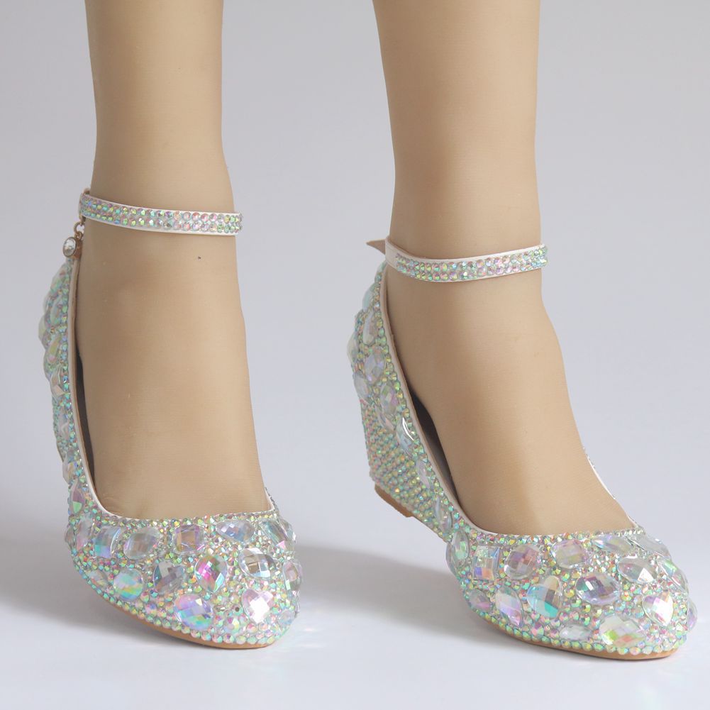 Rhinestone Ankle Strap 5cm Wedge Heel Women Pumps Wedding Shoes