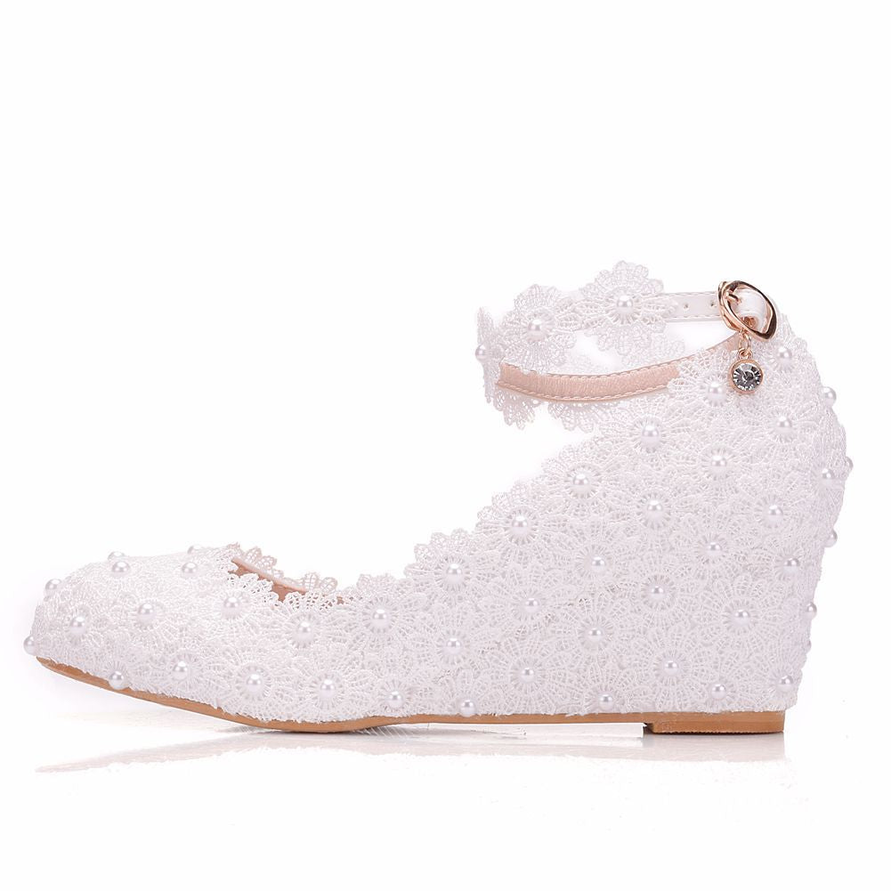 Pearls Lace Shallow Ankle Strap 5.5cm Wedge Heel Women Pumps Wedding Shoes