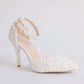 Women Lace Pearls Flora Ankle Strap Bridal Wedding Shoes Stiletto Heel Pointed Toe Sandals
