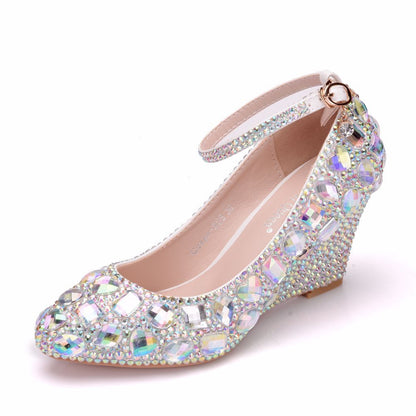 Colorful Rhinestone Ankle Strap 8cm Wedge Heel Women Pumps Wedding Shoes