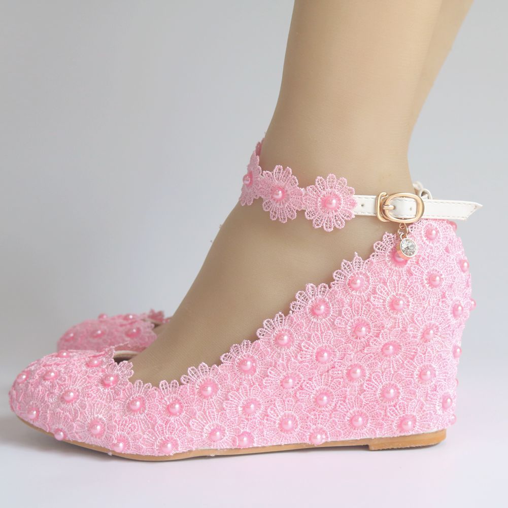 Pearls Lace Shallow Ankle Strap 5.5cm Wedge Heel Women Pumps Wedding Shoes