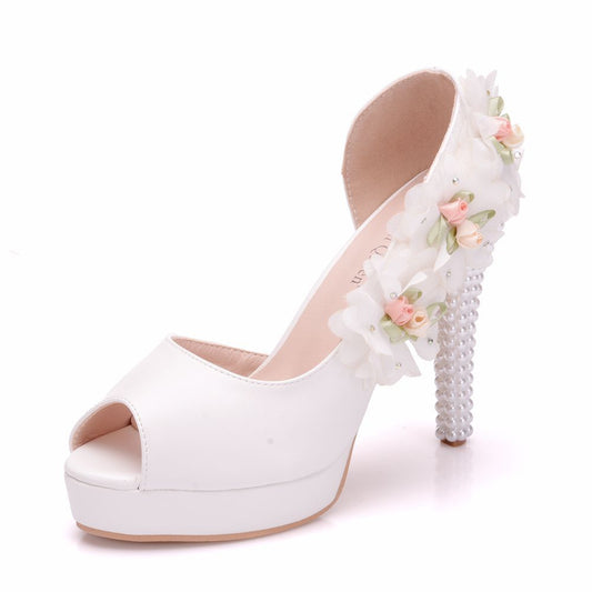 Women Flora Pearls Stiletto Heel Peep Toe D'Orsay Bridal Wedding Platform Sandals