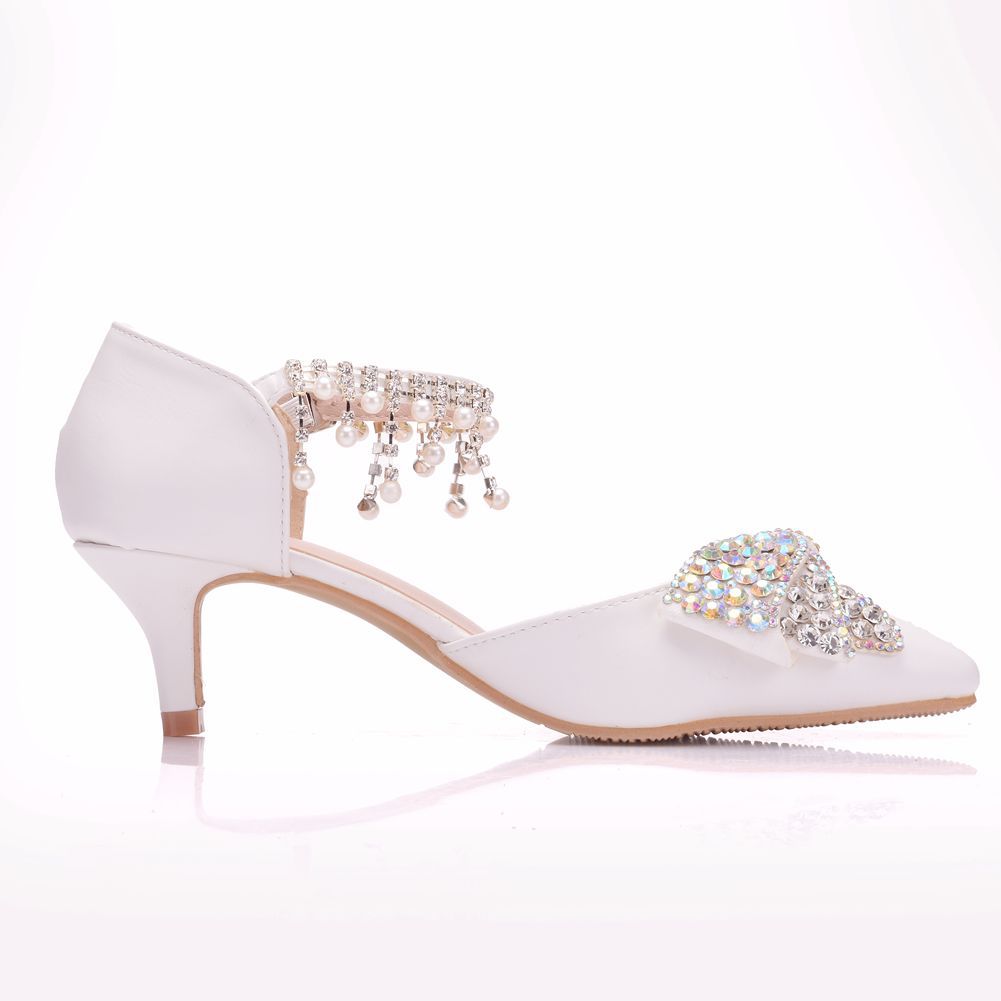 Women Rhinestone Bow Tie Middle Heel Pointed Toe Mary Janes Wedding Sandals