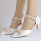 Women Rhinestone Bow Tie Middle Heel Pointed Toe Mary Janes Wedding Sandals