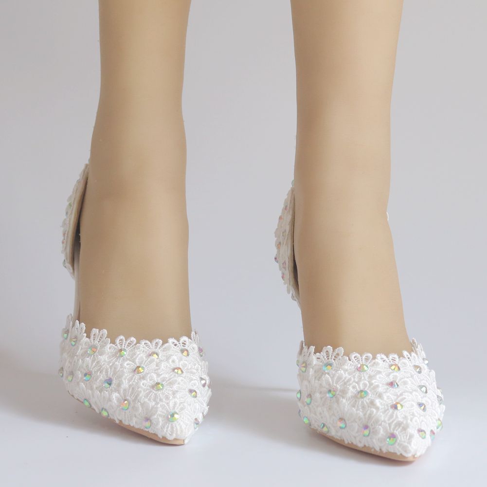 Women Rhinestone Lace Wedding Pointed Toe Stiletto Heel Sandals