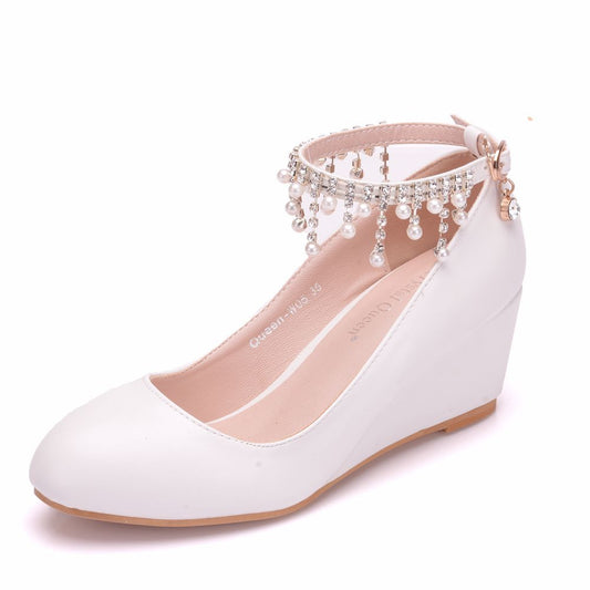 Pearls Rhinestone Tassel 5.5cm Wedge Heel Women Pumps Wedding Shoes