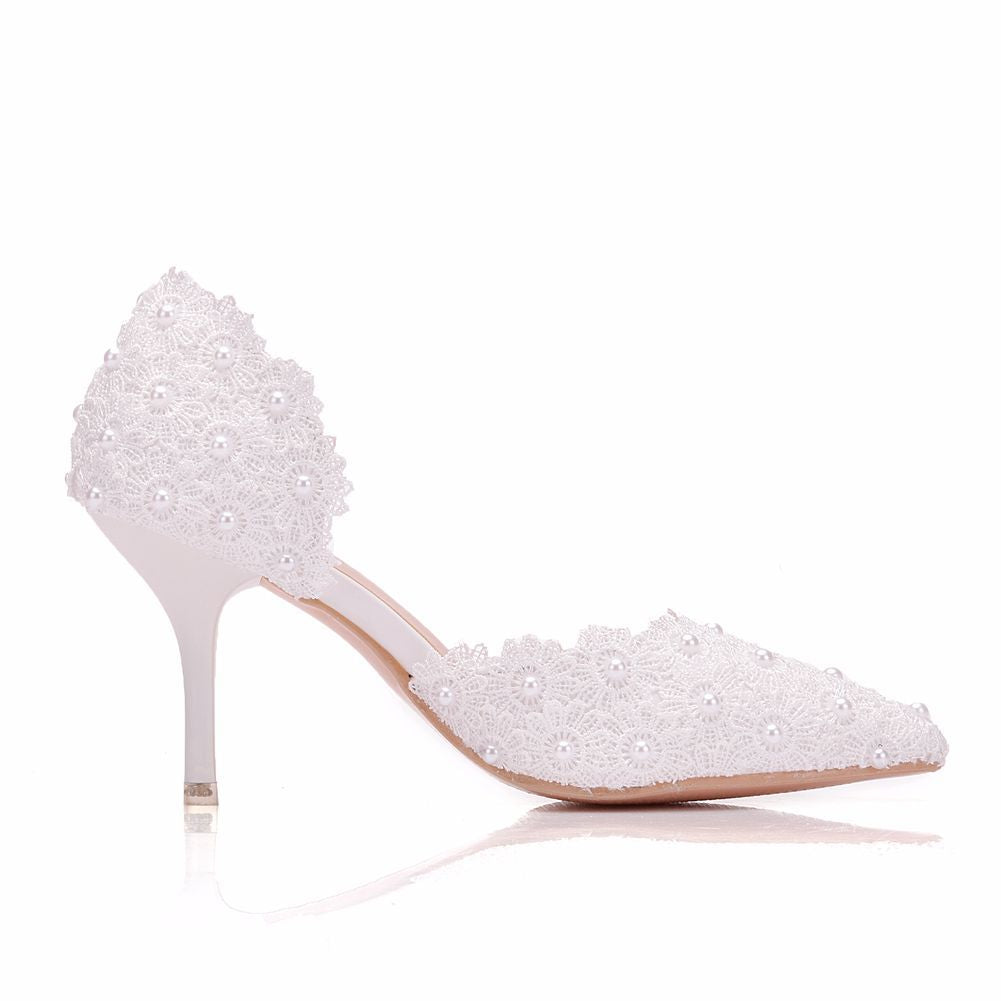 Women Pearl Lace Wedding Pointed Toe Stiletto Heel Sandals