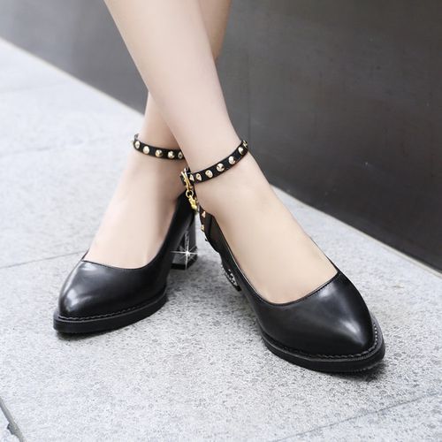 Women Ankle Strap Rivets High Heeled Chunky Heels Pumps