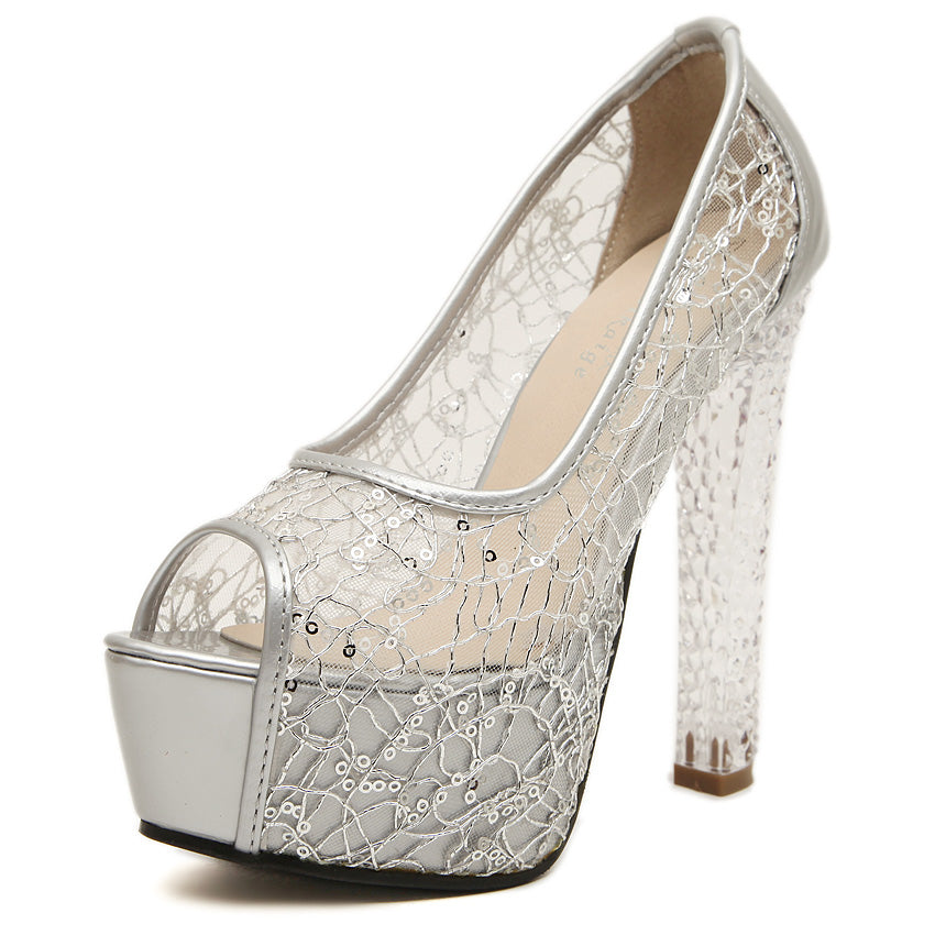 Women's Lace Fish Mouth High Heel Bridal Sandals Chunky Heel