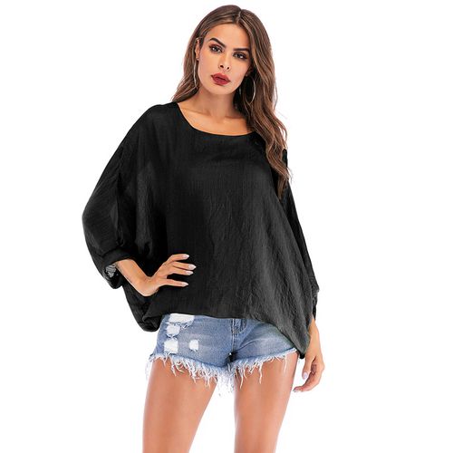 Spring and Fall Round Neck Loose Solid Color Bat Sleeve Top Women T Shirts