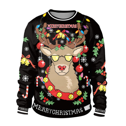 Couple Christmas Reindeer Print Pullover Round Neck Sweatshirt