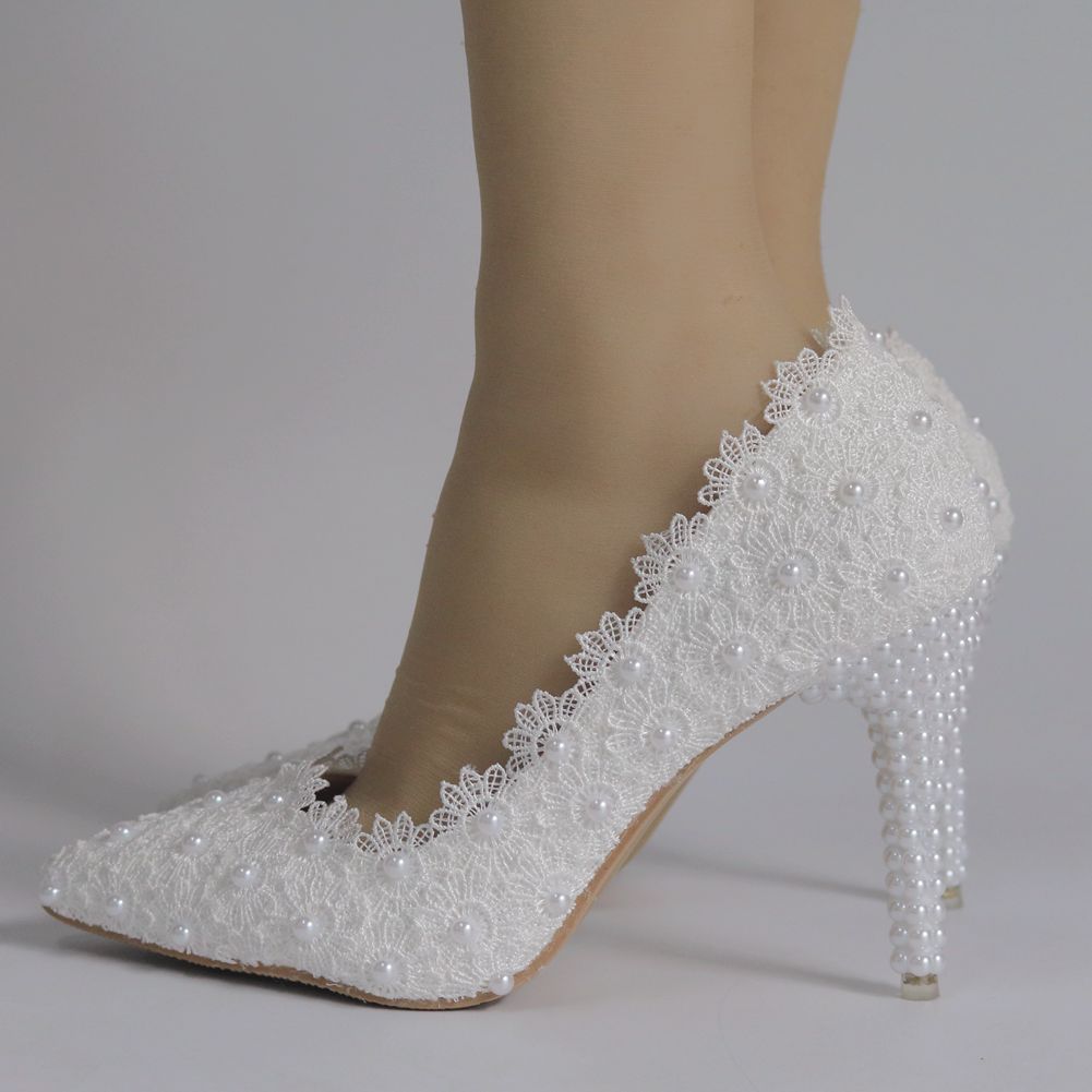 Women Pointed Toe Pearls Lace Stiletto Heel Pumps Wedding Shoes