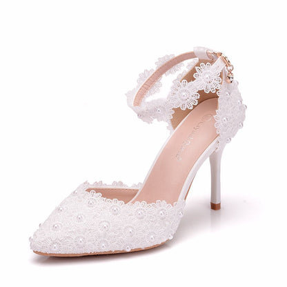 Women Lace Ankle Strap Stiletto Heel Pointed Toe Bridal Wedding Shoes Sandals