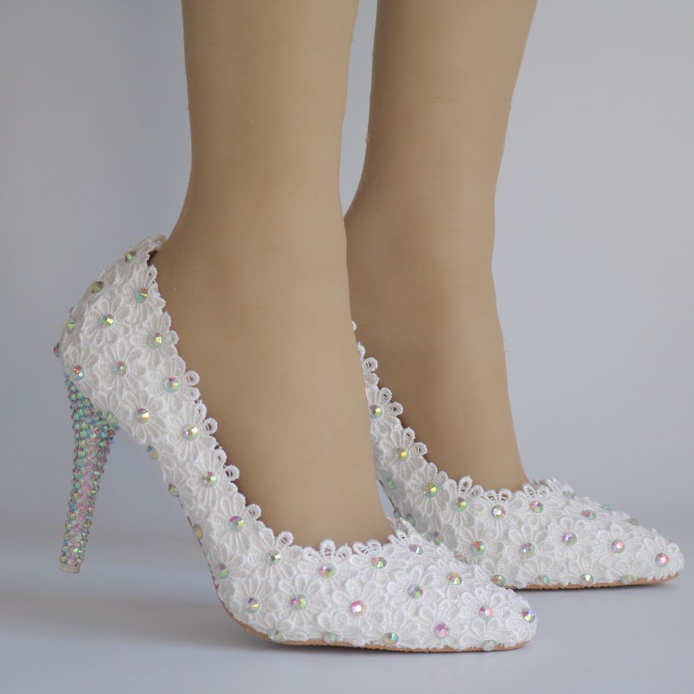 Women Rhinestone Lace Stiletto Heel Pumps Wedding Shoes