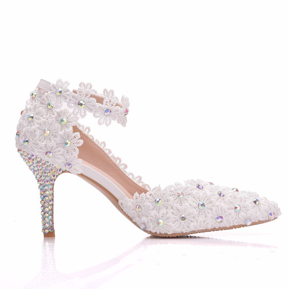 Women Rhinestone Lace Pointed Toe Bridal Wedding D'Orsay Stiletto Heels Sandals