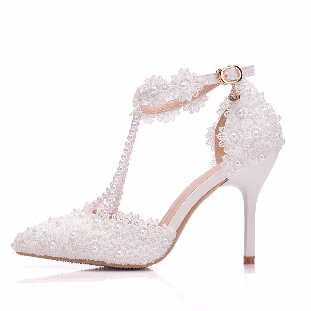 Women Pearls Lace Flora Ankle Strap Stiletto Heel Bridal Wedding Shoes Sandals