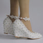 Rhinestone Lace Ankle Strap 8cm Wedge Heel Women Pumps Wedding Shoes