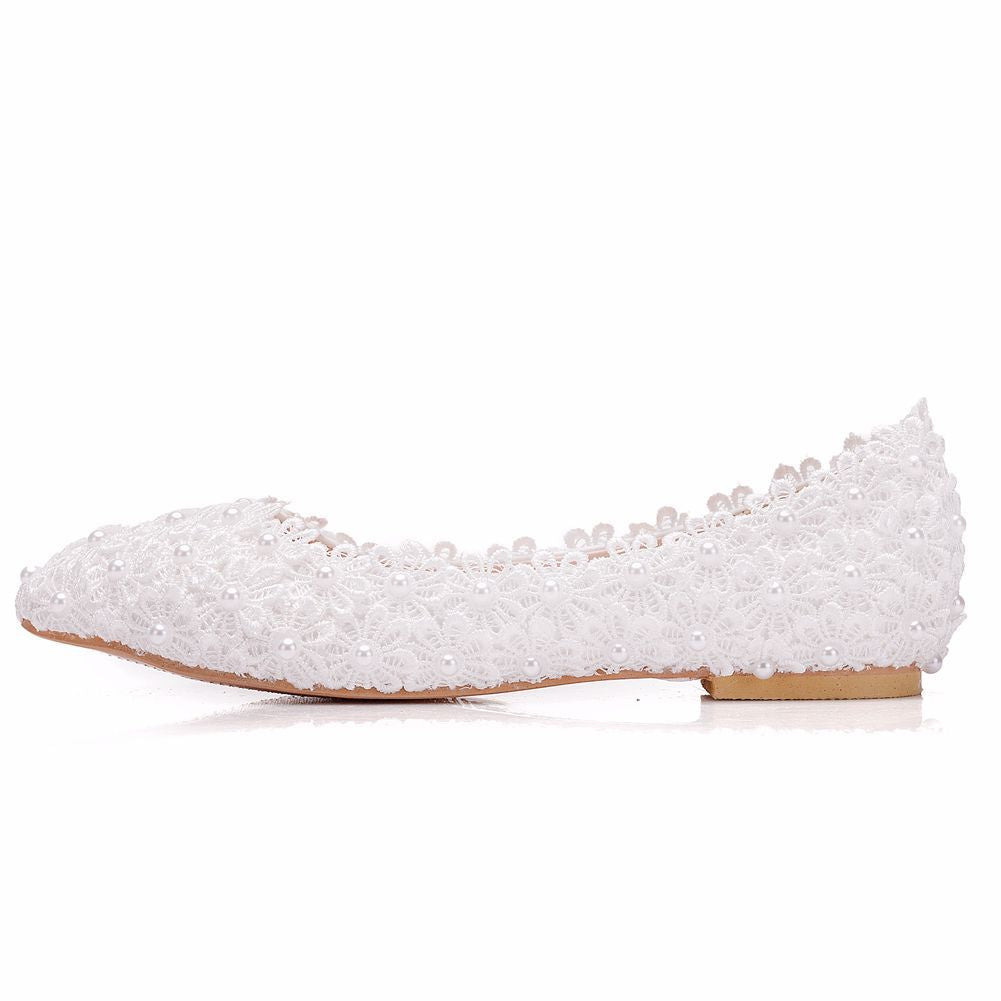 Women Pointed Toe Shallow Lace Flora Wedding Flats