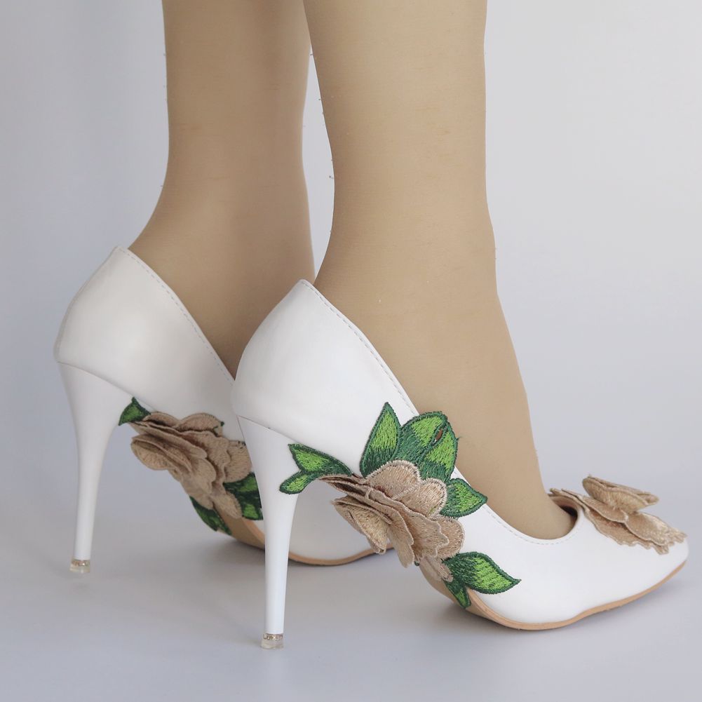 Women Pointed Toe Rhinestone Embroidery Flora Stiletto Heel Pumps Wedding Shoes