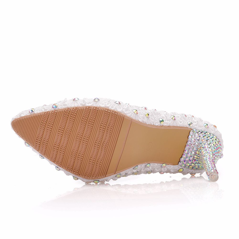 Women Rhinestone Lace Stiletto Heel Pumps Wedding Shoes