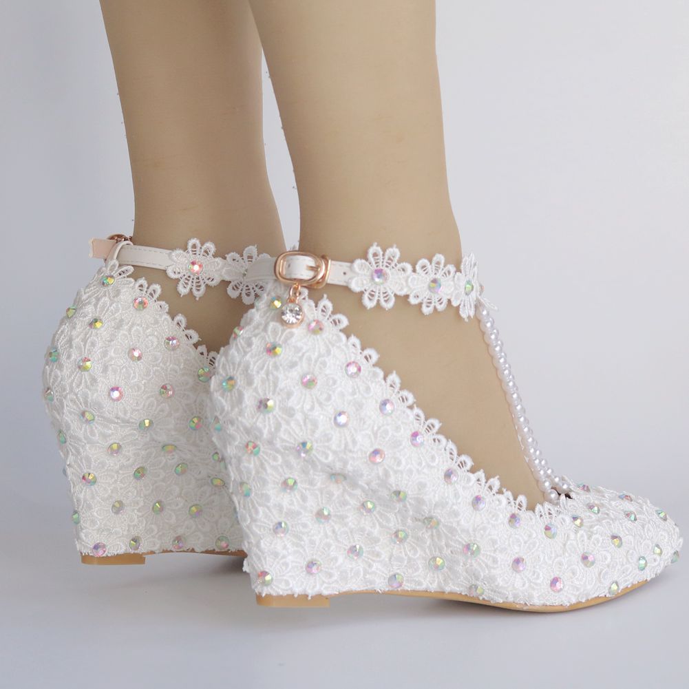 Colorful Rhinestone Ankle Strap 8cm Wedge Heel Women Pumps Wedding Shoes