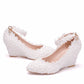 Pearls Lace Ankle Strap 8cm Wedge Heel Women Pumps Wedding Shoes